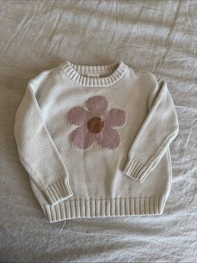 Little Co. Cream Knit Sweater with Pink Flower